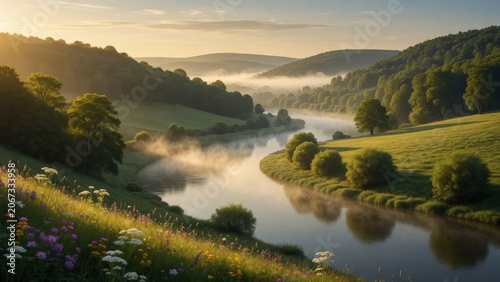: Calm Winding River Through Lush Summer Valley