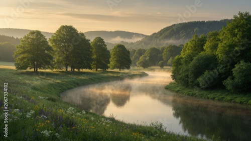 : Calm Winding River Through Lush Summer Valley