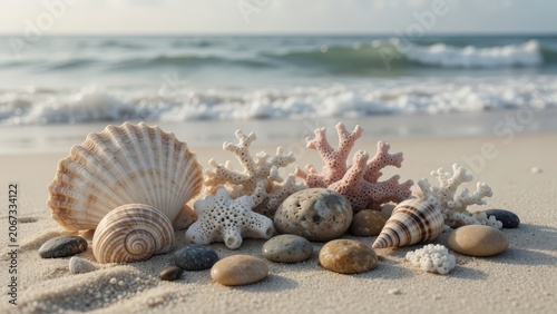 Seashells and Pebbles Arranged on Soft Beach Sand