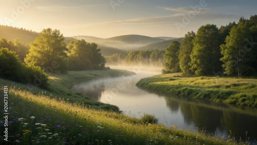 : Calm Winding River Through Lush Summer Valley