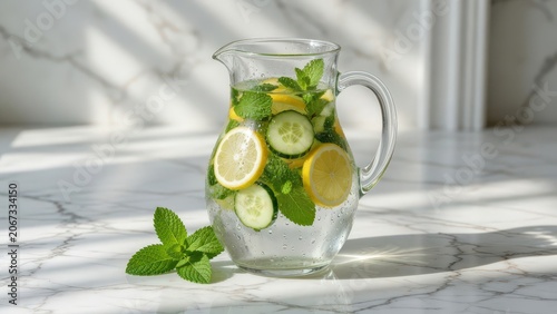 Tall Glass Pitcher of Cucumber Lemon Mint Infused Water with Condensation