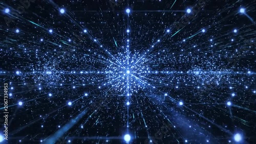 Abstract blue digital geometric grid and light points background.