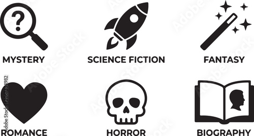 Obraz na płótnie Set of six black book genre icons representing mystery science fiction fantasy r