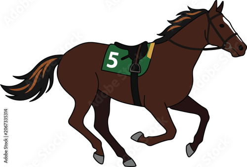 Brown Horse with Saddle Number 5 Running Fast