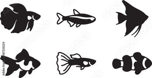 Foto Black silhouette icons of various aquarium fish species like betta angelfish and