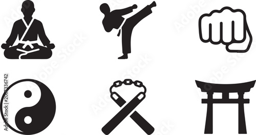 Tableau sur toile Set of black martial arts icons including karate fighter kicking punch ying yang