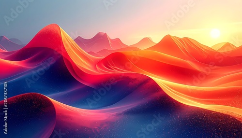 Vibrant desert landscape at sunset with colorful dunes