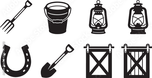 Obraz na plátně Set of black farm and country life icons including pitchfork bucket lantern hors