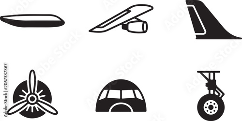 Cuadro en lienzo Set of black airplane part icons showing fuselage wing tail propeller cockpit an