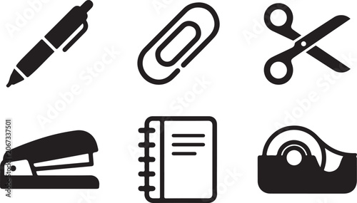 Foto Set of black office supply icons including a pen paper clip scissors stapler not