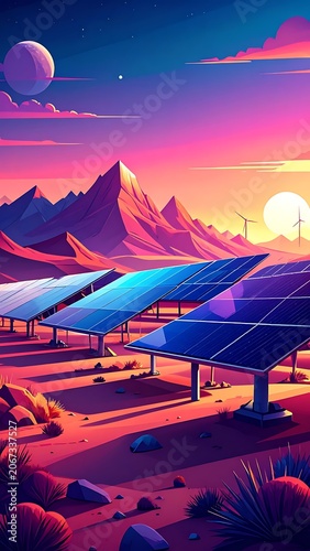 Vibrant solar panels in desert landscape with mountain range