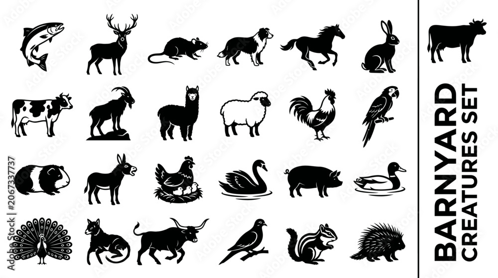 Fototapeta premium Diverse collection of animal silhouettes, featuring various creatures from farm animals to wildlife, perfect for graphic design and iconography