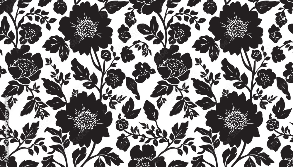 Fototapeta premium Black and white dahlia seamless pattern vintage chintz vector background