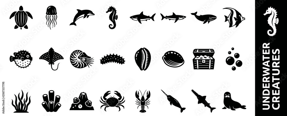 Obraz premium A collection of marine life silhouette icons featuring diverse underwater creatures and sea animals in a minimalist black and white graphic set