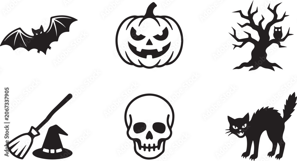 Fototapeta premium Set of black halloween icons featuring a flying bat, scary pumpkin, spooky tree, witch broom, skull, and a black cat Vector