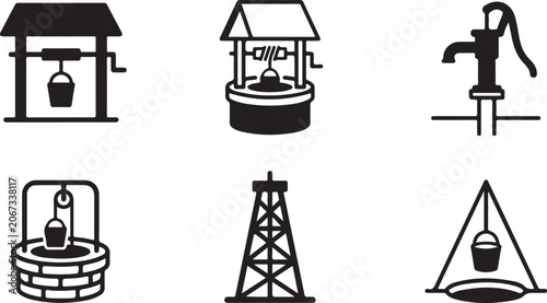 Photos Set of black and white water well and pump icons for irrigation and water collec
