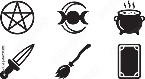 Canvastavla Set of black magic and witchcraft icons including pentagram moon cauldron dagger