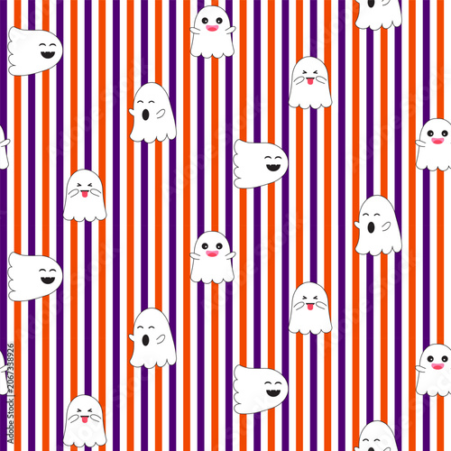 Halloween spooky seamless pattern.Cute ghosts on stripes repeat pattern.