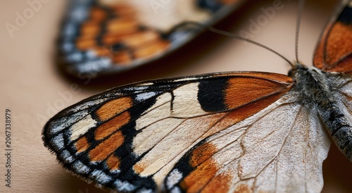 Close-up of two delicate butterfly wings with intricate orange, black, and white patterns
