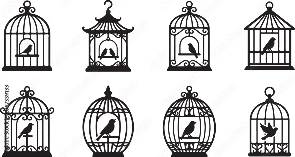Fototapeta premium Set of black bird cage icons with small birds inside showing different vintage decorative shapes and birdhouse styles Vector