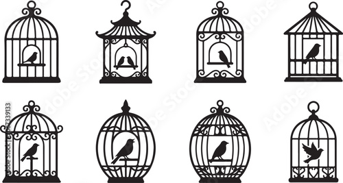Tableau sur toile Set of black bird cage icons with small birds inside showing different vintage d