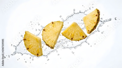 Fresh pineapple pieces flying in mid air with water splash isolated on white background