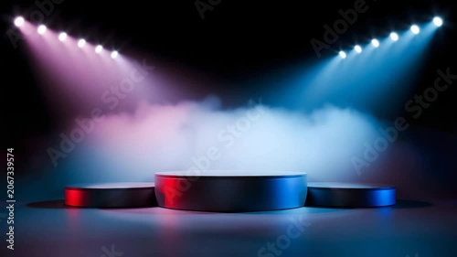 Dramatic Empty Stage with Colorful Spotlights Shining Down on Circular Platform in Dark Theater with Fog Effect for Presentations or Events Advertising and Marketing Concepts