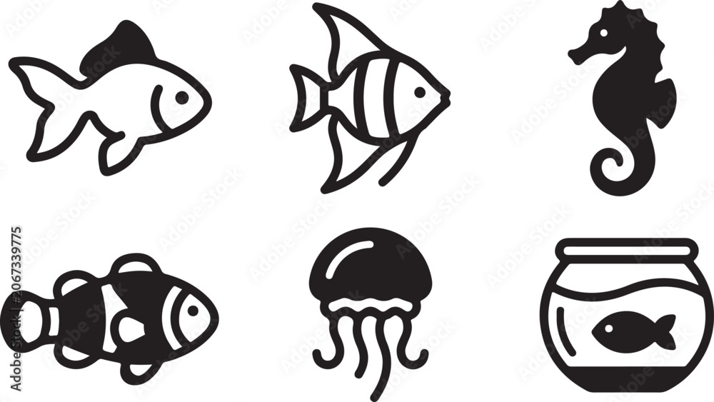 Fototapeta premium Set of black fish icons including goldfish angelfish seahorse clownfish jellyfish and a small fish inside a round bowl Vector