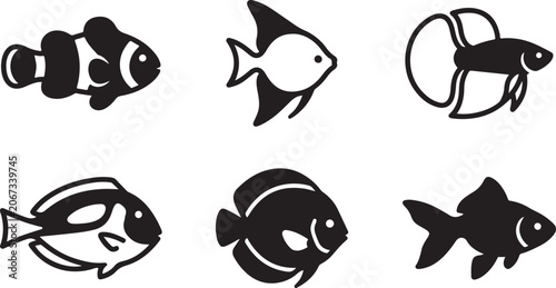 Foto Set of black and white fish icons including clownfish angelfish and goldfish for