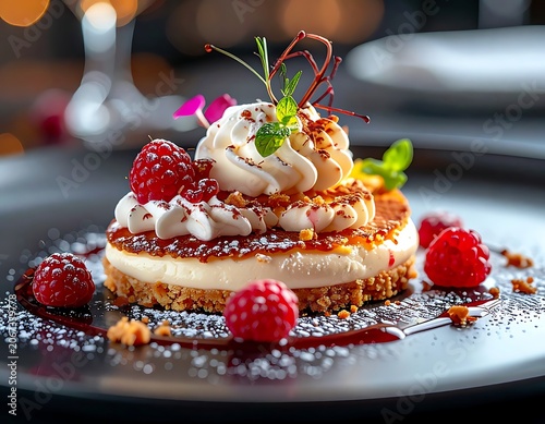 A decadent dessert featuring a cheesecake with whipped cream