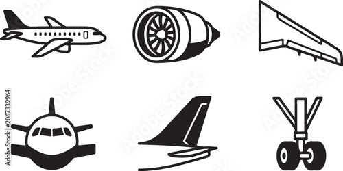 Fotografía Set of black and white airplane icons including jet plane parts engine wing tail