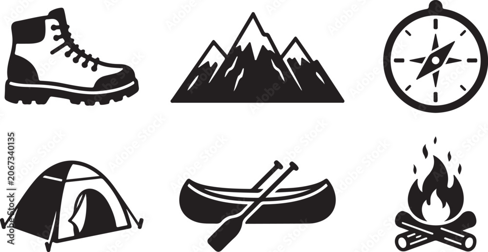 Fototapeta premium Set of adventure icons featuring hiking boot mountain peak compass tent canoe and campfire for travel and outdoor activity Vector