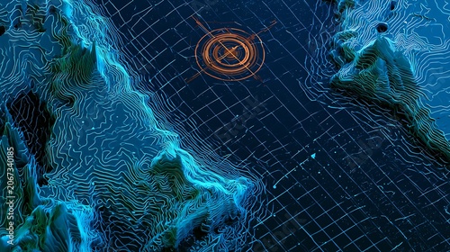 High tech mapping, HUD dashboard, volumetric terrain mesh, concentric radar
