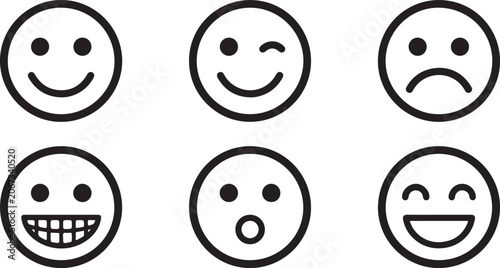 Bild auf Leinwand Set of six simple black line emoji icons showing different emotions like happy w