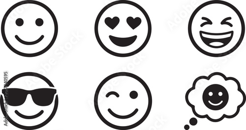 Foto Set of black and white emoji icons showing various facial expressions and happy