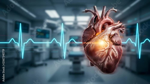 Human heart with ECG line in modern hospital room with medical equipment for cardiology and healthcare concept with doctor and patient background