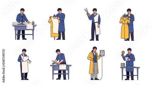 Set of illustrations depicting a male tailor engaged in various stages of clothing production, from cutting fabric to final inspection and packaging, showcasing traditional craftsmanship.