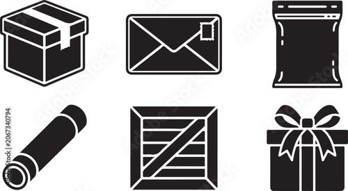 Obraz na plátně Set of black shipping and delivery icons including cardboard boxes envelope pack
