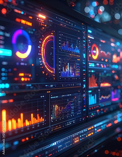A futuristic digital dashboard displaying various colorful graphs and charts (2)