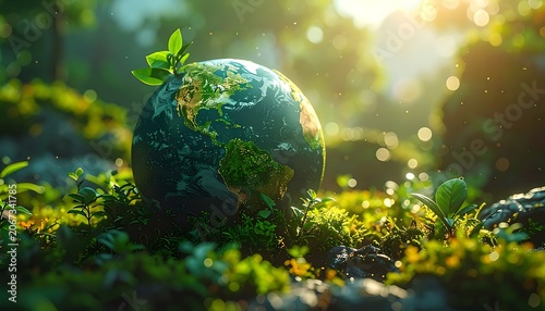 A glowing terrestrial globe rests on lush mossy terrain