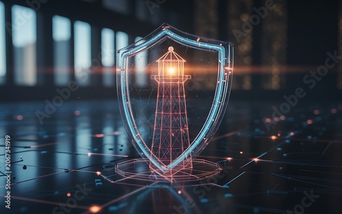 Lighthouse shield symbolizing safety and guidance in abstract technology background.