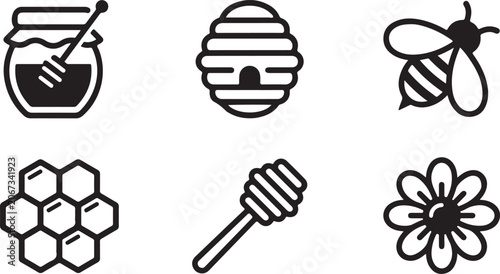 Foto Set of black and white honey icons featuring a bee beehive honeycomb jar dipper
