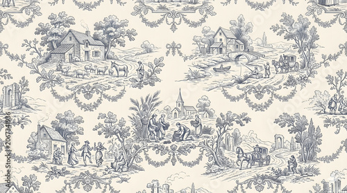 Cream horizontal background with French toile countryside scenes