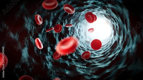 Close-up 3D illustration of red blood cells flowing through a vein or artery with plasma, Demonstrating circulatory system and healthcare concept for medical advertising and educational materials