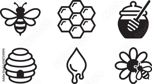 Cuadro en lienzo Set of black honey and bee icons including honeycomb hive dipper drop and flower
