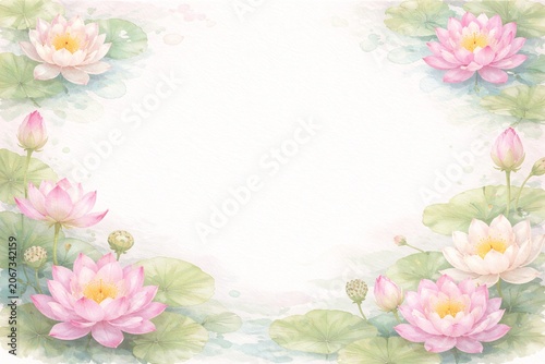 水面に浮かぶ淡いピンク色の蓮の花と葉が描かれた優雅な水彩画風フローラルフレーム
