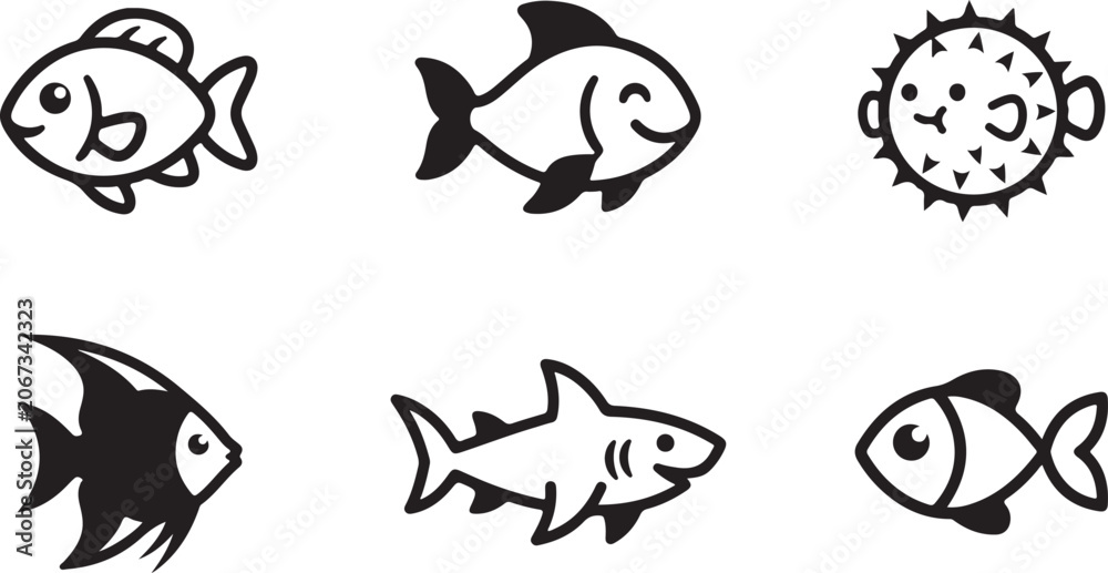 Obraz premium Set of cute cartoon fish icons featuring different marine species including a shark and a pufferfish in a simple line art style Vector