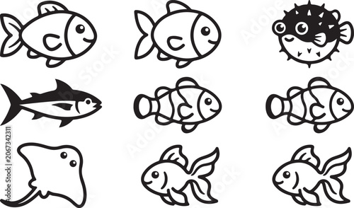 Foto Set of cute cartoon fish icons with different species including puffer fish clow