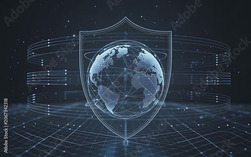 Global network protected by shield and digital abstract data lines on dark background.