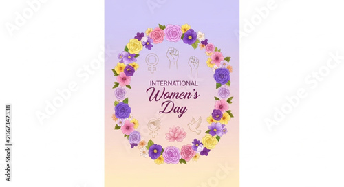 International Womens Day floral wreath greeting card design.